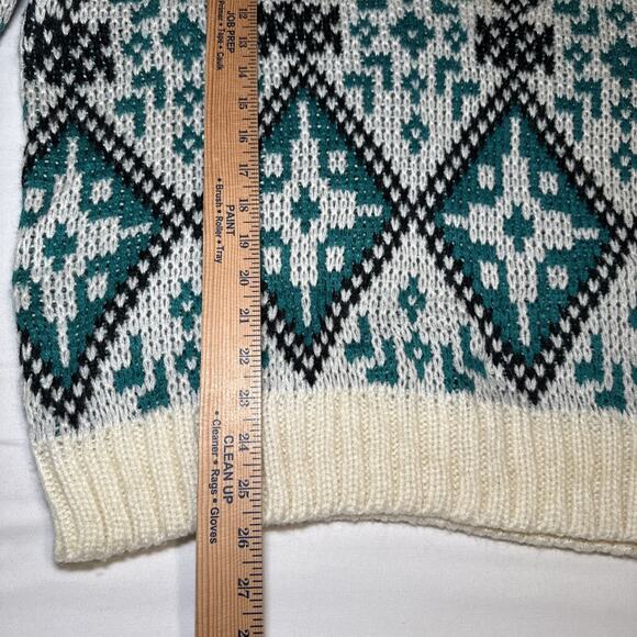 VTG Claybrooke Unisex Medium Sweater Cream Teal Navy Chunky Knit Long Sleeve - Picture 8 of 13